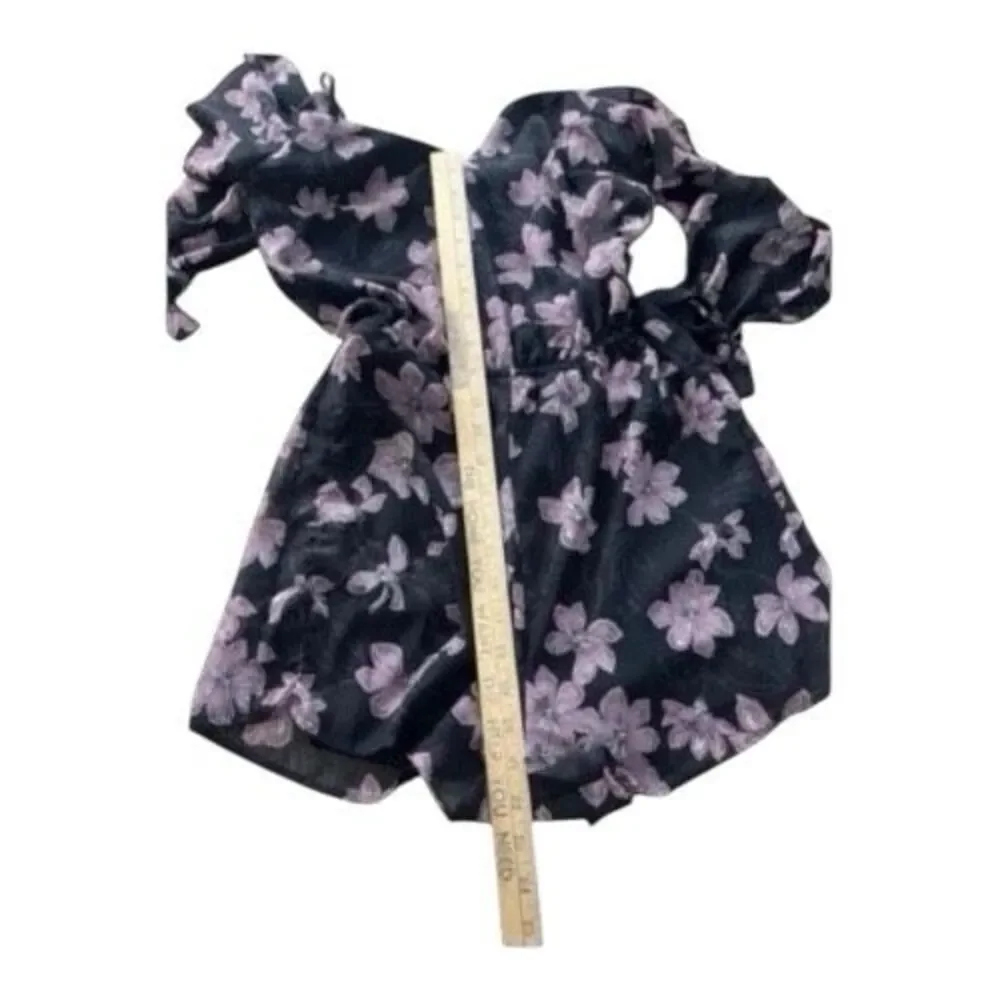 Women Black Semi Sheer Chiffon Romper Size XS Floral Print Cold-Shoulder V-Neck